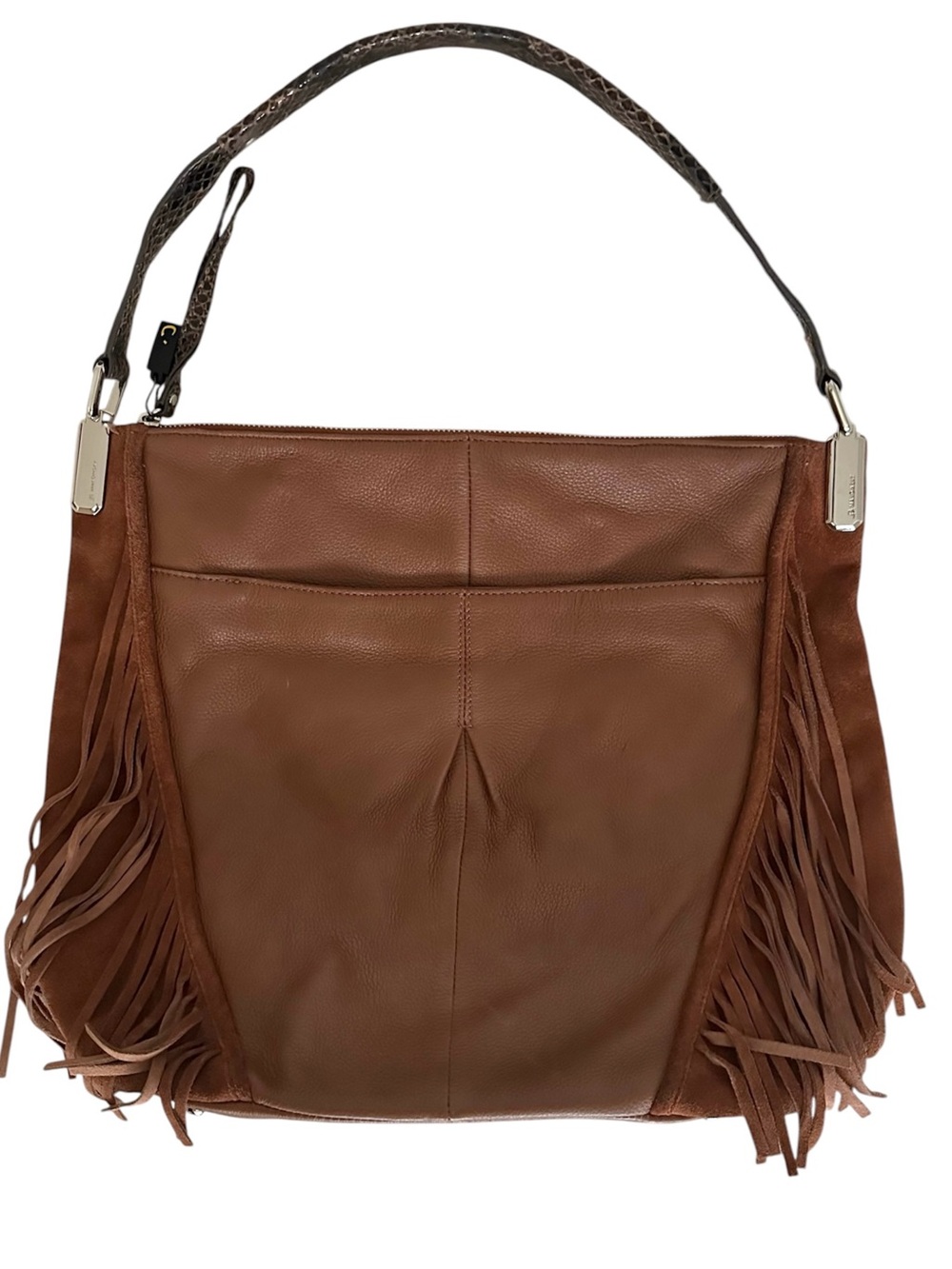B Makowsky Leather Suede Brown Fringe Hobo Bag